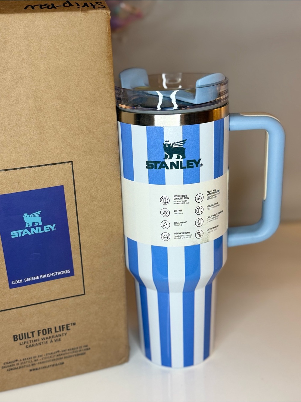 New! Stanley Quencher Blue Striped insulated Tumbler - Blue & White 40oz